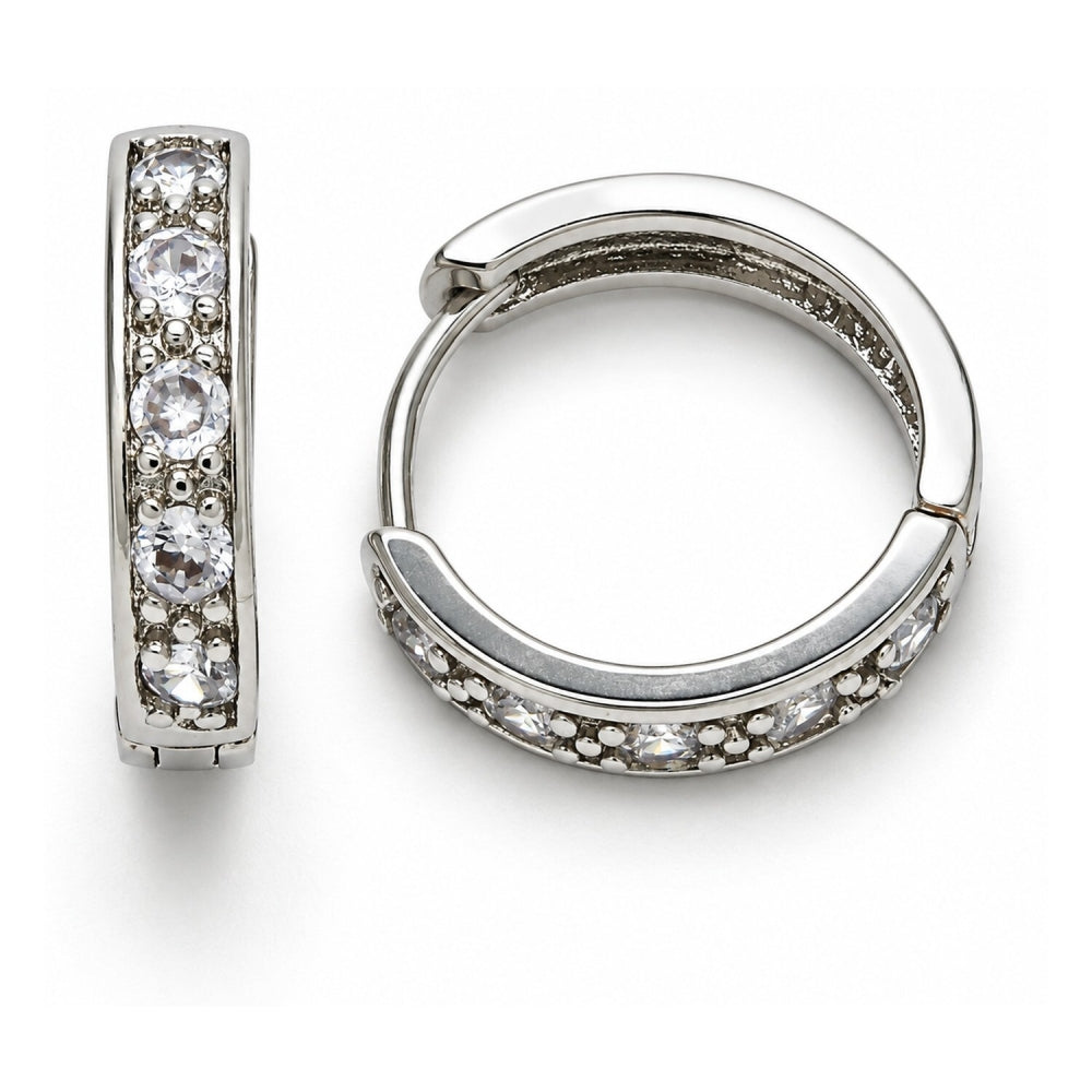 White Gold Filled Huggie Hoop, with White Cubic Zirconia, Polished, Rhodium Finish