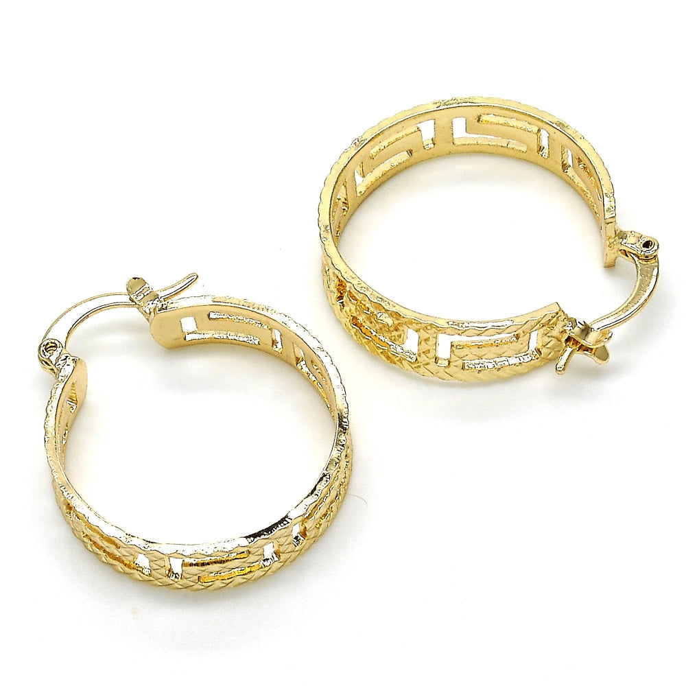 Oro Laminado Small Hoop, Gold Filled Style Greek Key Design, Diamond Cutting Finish, Golden Finish