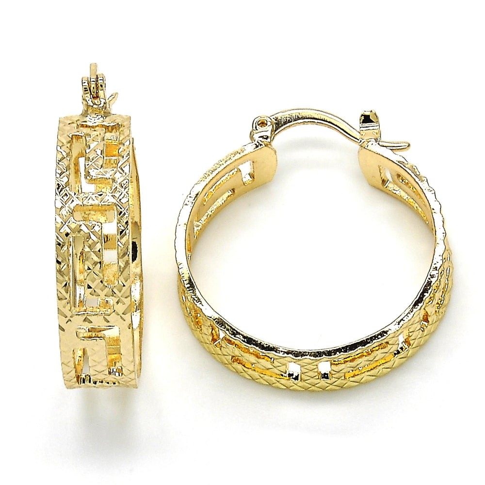 Oro Laminado Small Hoop, Gold Filled Style Greek Key Design, Diamond Cutting Finish, Golden Finish