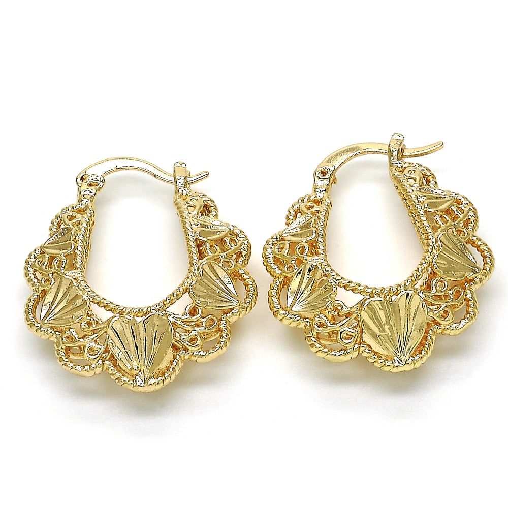 Oro Laminado Small Hoop, Gold Filled Style Heart Design, Diamond Cutting Finish, Golden Finish