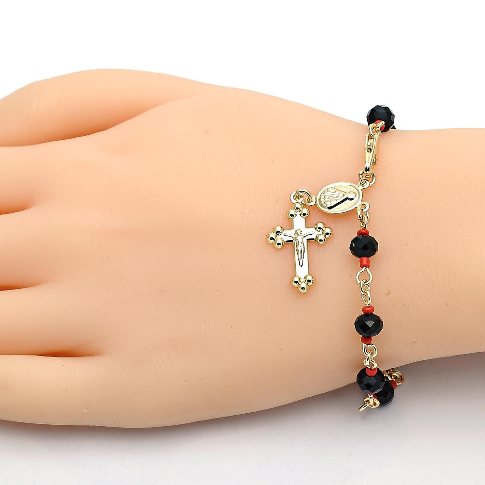Oro Laminado Bracelet Rosary, Gold Filled Style Caridad del Cobre and Crucifix Design, with Black and Orange Red Azavache, Polished, Golden Finish
