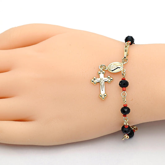 Oro Laminado Bracelet Rosary, Gold Filled Style Caridad del Cobre and Crucifix Design, with Black and Orange Red Azavache, Polished, Golden Finish