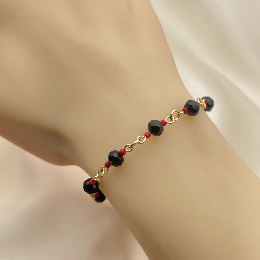 Oro Laminado Bracelet Rosary, Gold Filled Style Caridad del Cobre and Crucifix Design, with Black and Orange Red Azavache, Polished, Golden Finish