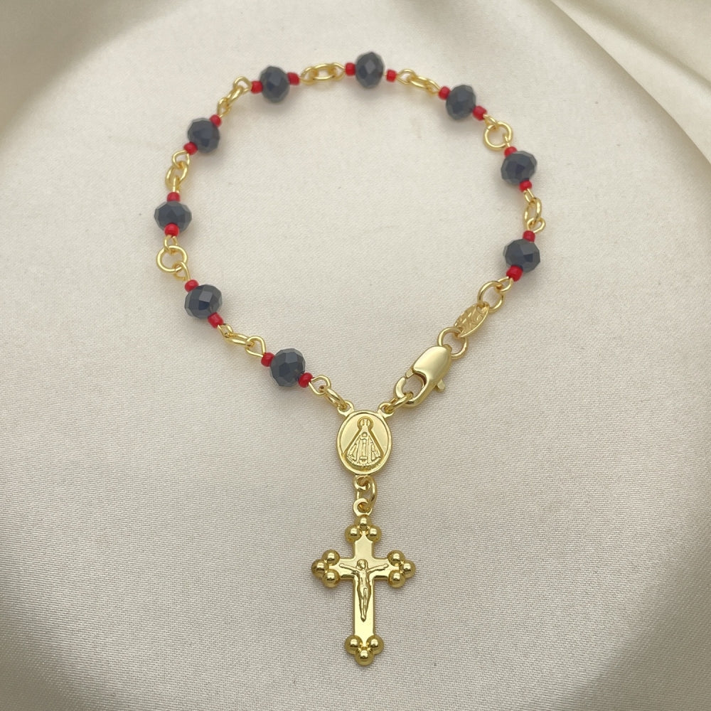 Oro Laminado Bracelet Rosary, Gold Filled Style Caridad del Cobre and Crucifix Design, with Black and Orange Red Azavache, Polished, Golden Finish