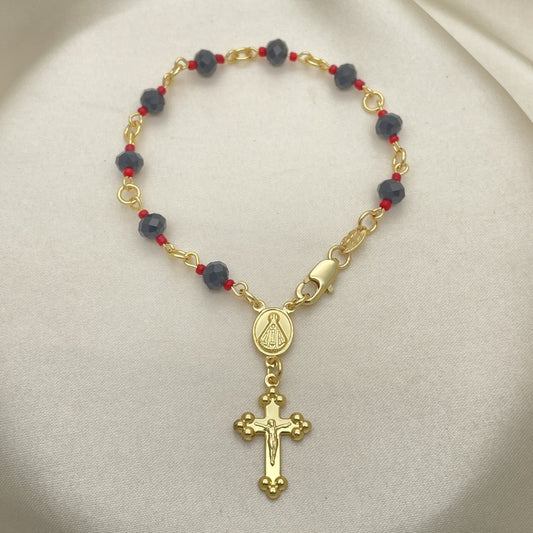 Oro Laminado Bracelet Rosary, Gold Filled Style Caridad del Cobre and Crucifix Design, with Black and Orange Red Azavache, Polished, Golden Finish