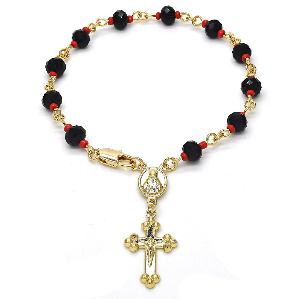 Oro Laminado Bracelet Rosary, Gold Filled Style Caridad del Cobre and Crucifix Design, with Black and Orange Red Azavache, Polished, Golden Finish