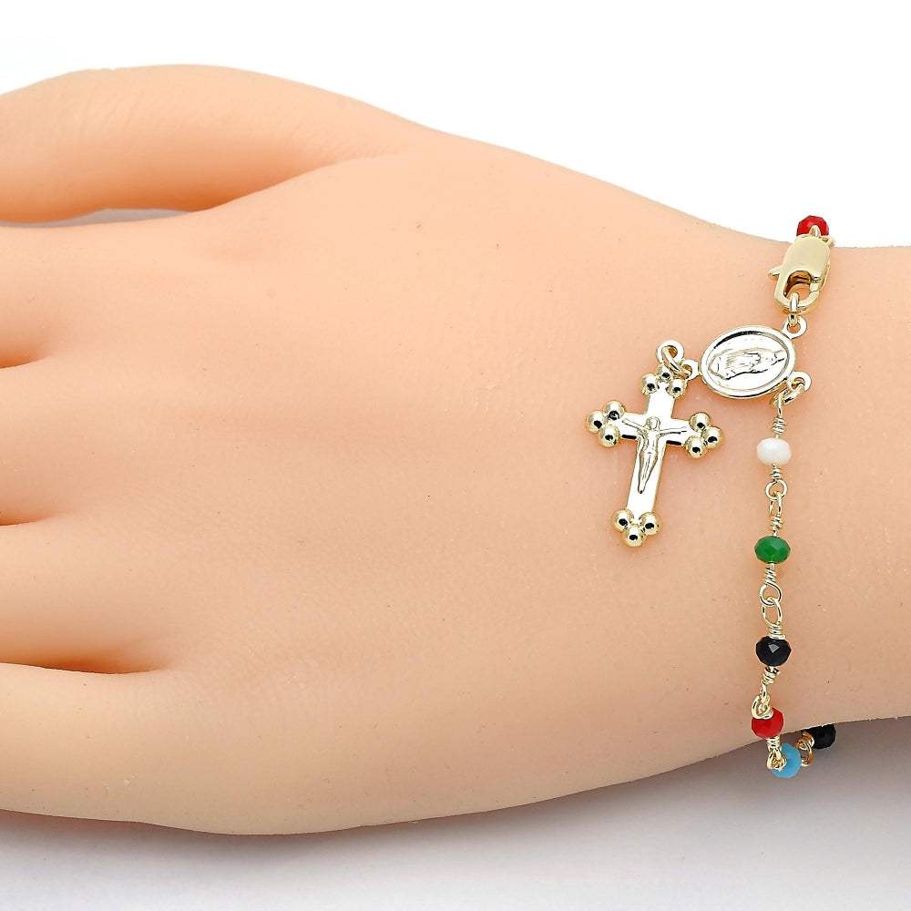 Oro Laminado Bracelet Rosary, Gold Filled Style Guadalupe and Crucifix Design, with Multicolor Azavache, Polished, Golden Finish