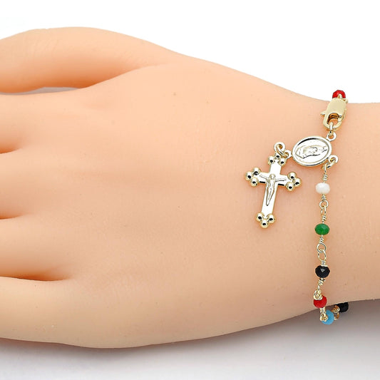 Oro Laminado Bracelet Rosary, Gold Filled Style Guadalupe and Crucifix Design, with Multicolor Azavache, Polished, Golden Finish