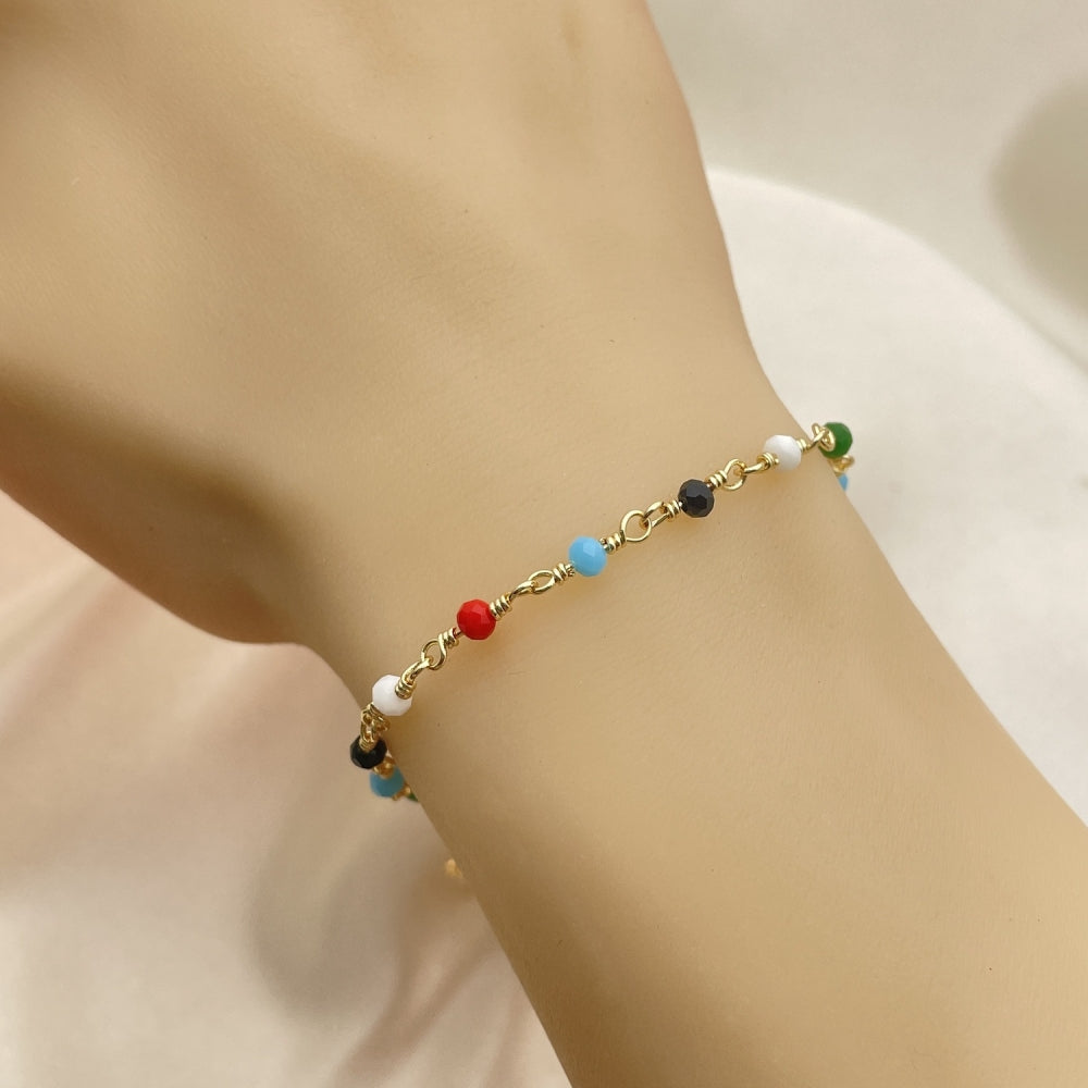 Oro Laminado Bracelet Rosary, Gold Filled Style Guadalupe and Crucifix Design, with Multicolor Azavache, Polished, Golden Finish
