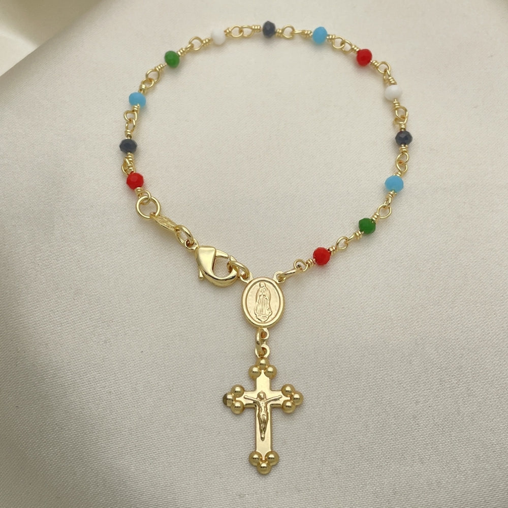Oro Laminado Bracelet Rosary, Gold Filled Style Guadalupe and Crucifix Design, with Multicolor Azavache, Polished, Golden Finish