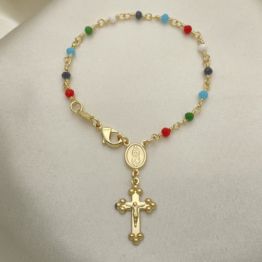 Oro Laminado Bracelet Rosary, Gold Filled Style Guadalupe and Crucifix Design, with Multicolor Azavache, Polished, Golden Finish
