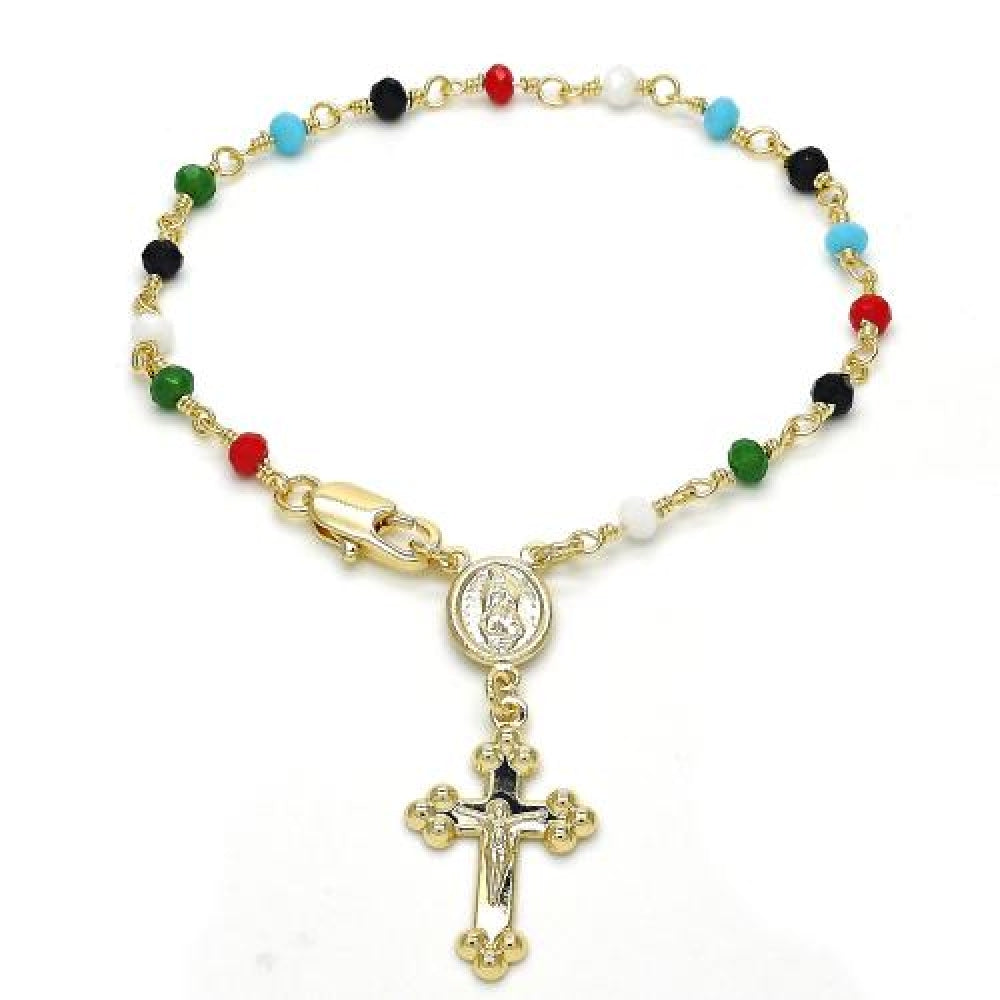 Oro Laminado Bracelet Rosary, Gold Filled Style Guadalupe and Crucifix Design, with Multicolor Azavache, Polished, Golden Finish