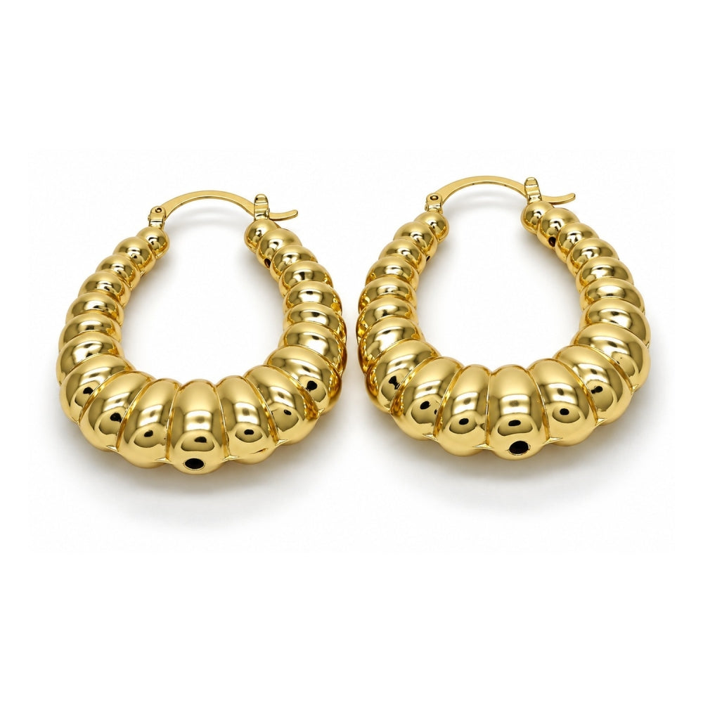 Oro Laminado Medium Hoop, Gold Filled Style Bamboo and Hollow Design, Polished, Golden Finish