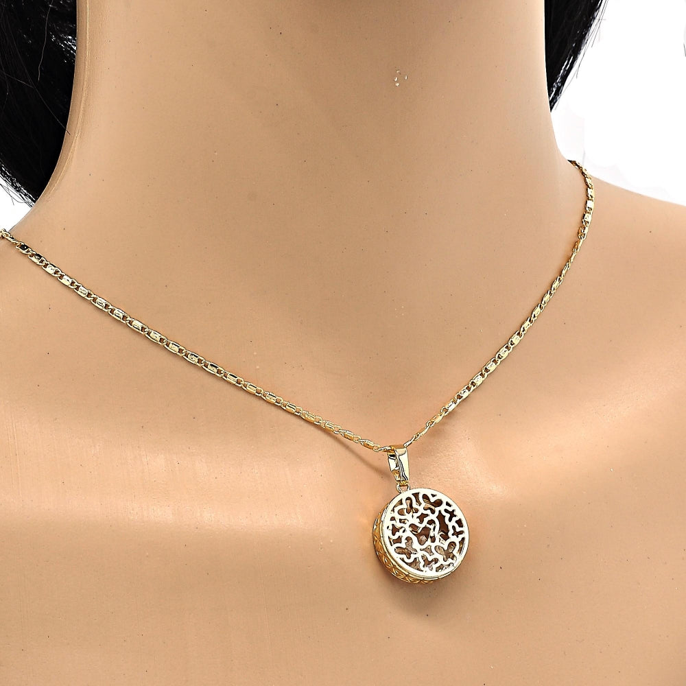 Oro Laminado Pendant Necklace, Gold Filled Style Butterfly Design, with White Cubic Zirconia, Diamond Cutting Finish, Golden Finish