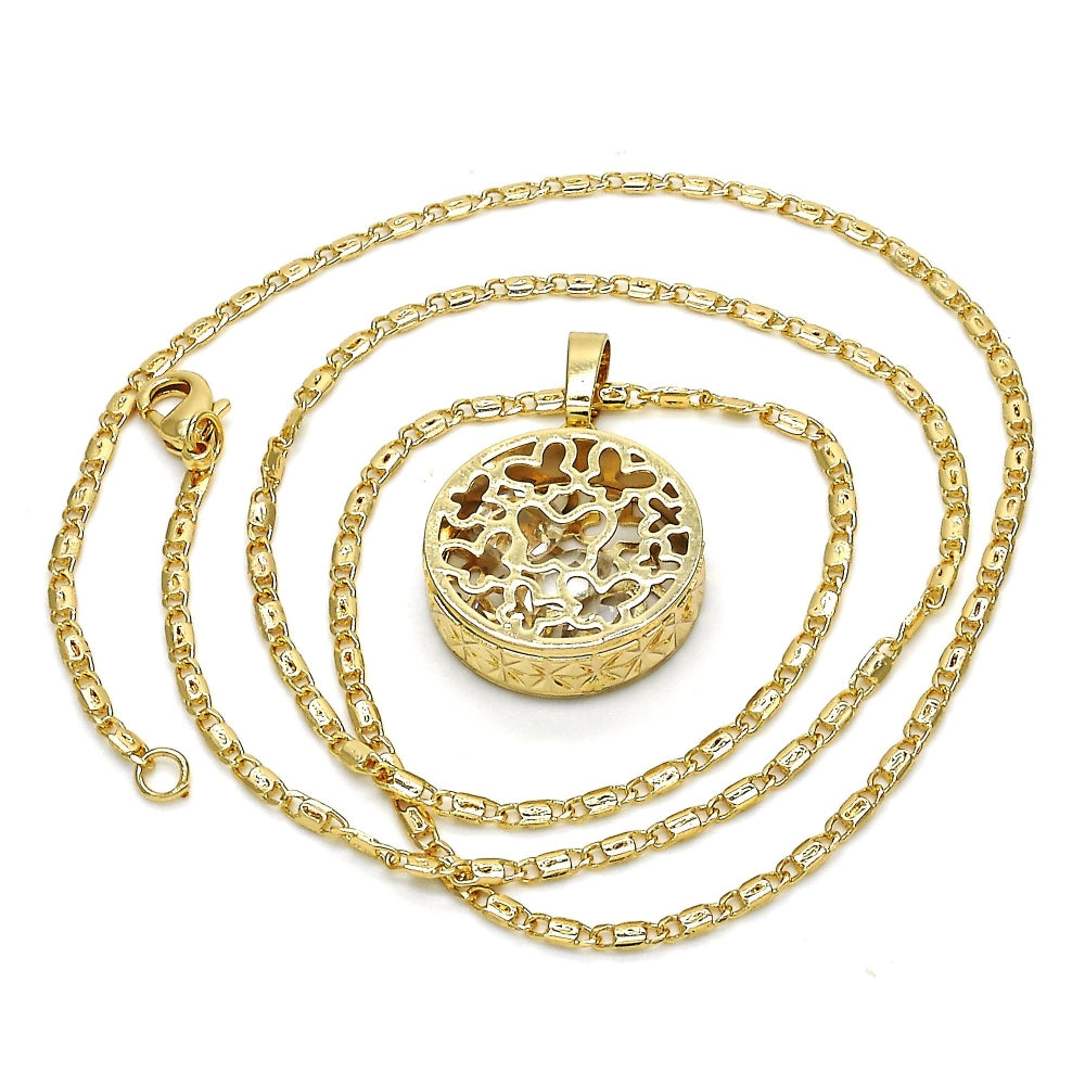 Oro Laminado Pendant Necklace, Gold Filled Style Butterfly Design, with White Cubic Zirconia, Diamond Cutting Finish, Golden Finish
