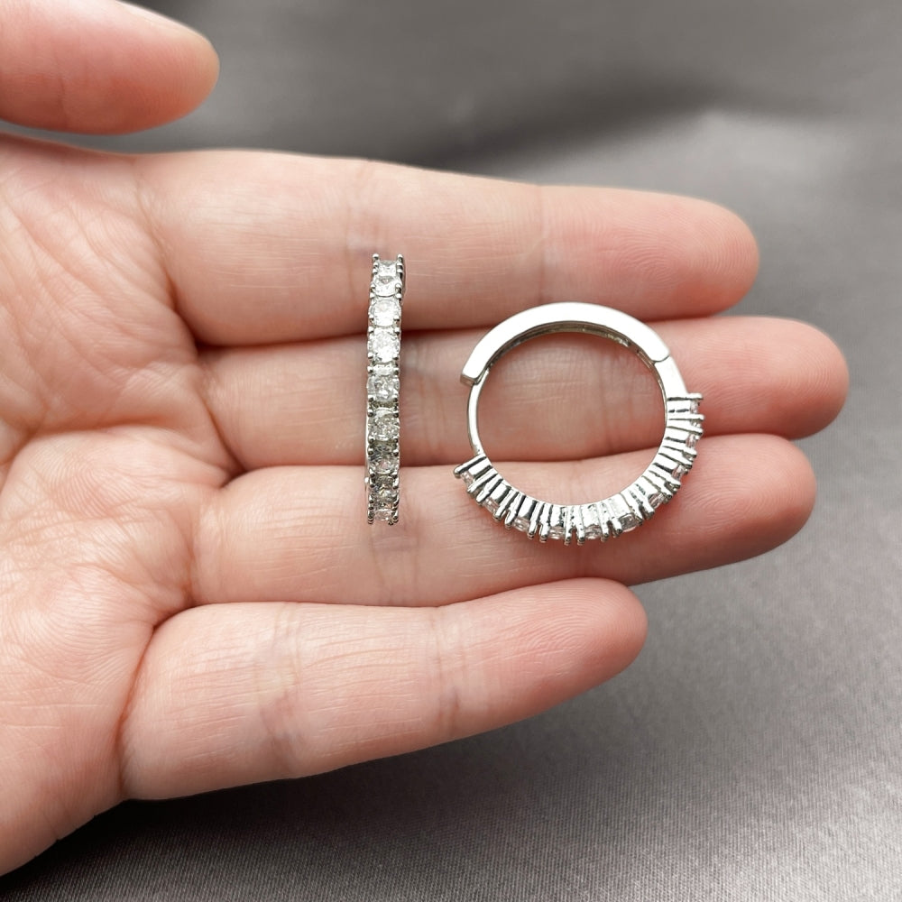 Rhodium Gold Filled Huggie Hoop, with White Cubic Zirconia, Polished, Rhodium Finish