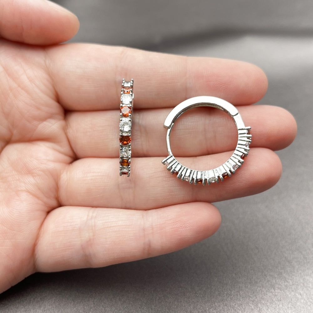 Rhodium Gold Filled Huggie Hoop, with Garnet and White Cubic Zirconia, Polished, Rhodium Finish