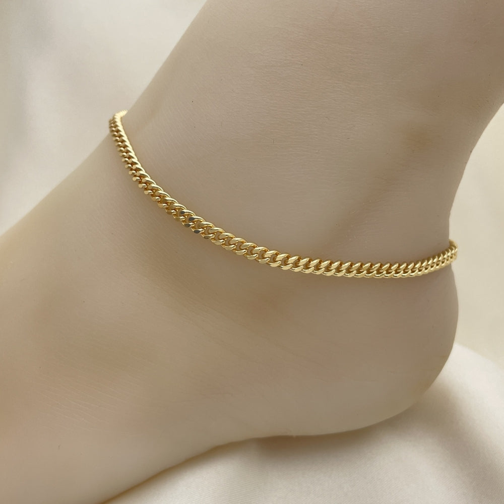 Oro Laminado Basic Anklet, Gold Filled Style Miami Cuban Design, Diamond Cutting Finish, Golden Finish