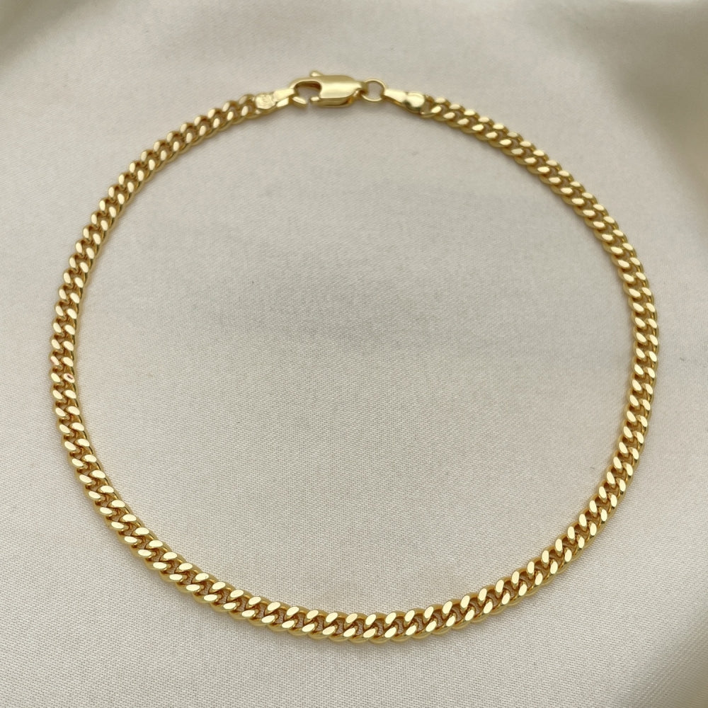Oro Laminado Basic Anklet, Gold Filled Style Miami Cuban Design, Diamond Cutting Finish, Golden Finish