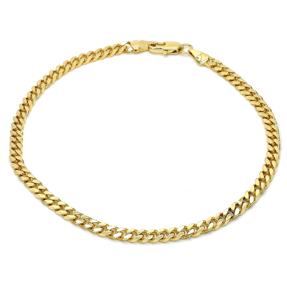 Oro Laminado Basic Anklet, Gold Filled Style Miami Cuban Design, Diamond Cutting Finish, Golden Finish