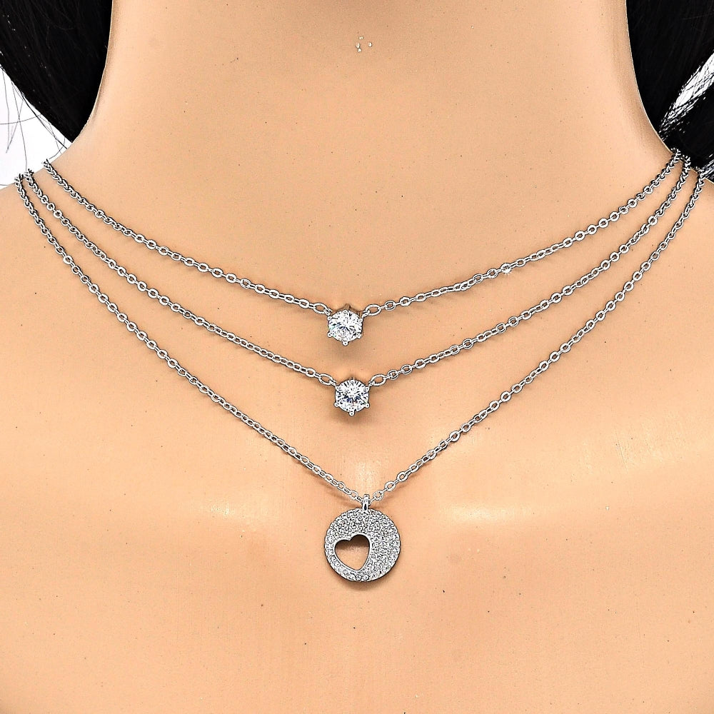 Rhodium Gold Filled Pendant Necklace, Heart Design, with White Cubic Zirconia, Polished, Rhodium Finish
