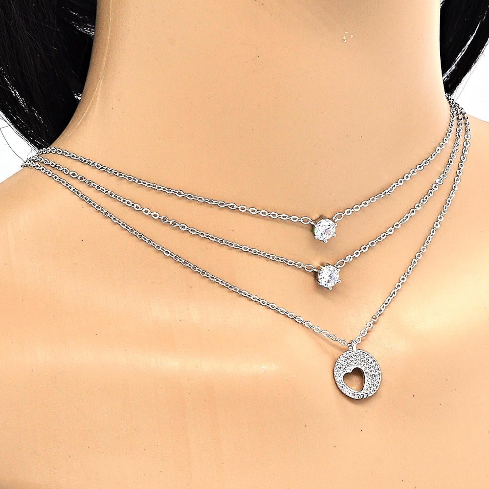 Rhodium Gold Filled Pendant Necklace, Heart Design, with White Cubic Zirconia, Polished, Rhodium Finish