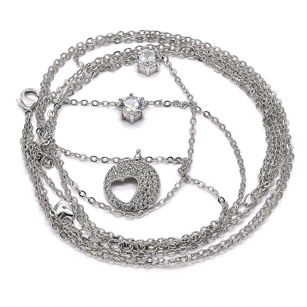 Rhodium Gold Filled Pendant Necklace, Heart Design, with White Cubic Zirconia, Polished, Rhodium Finish