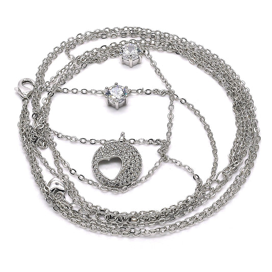 Rhodium Gold Filled Pendant Necklace, Heart Design, with White Cubic Zirconia, Polished, Rhodium Finish