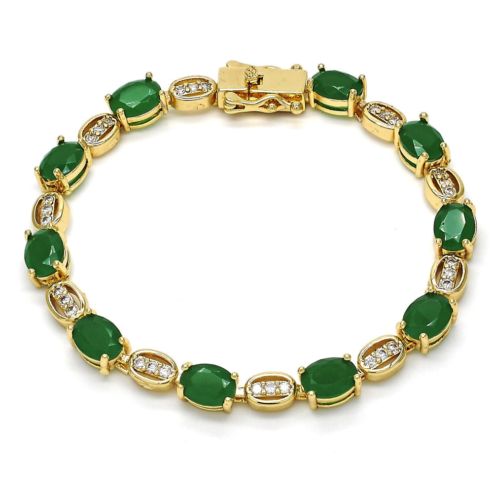 Oro Laminado Tennis Bracelet, Gold Filled Style with Green and White Cubic Zirconia, Polished, Golden Finish