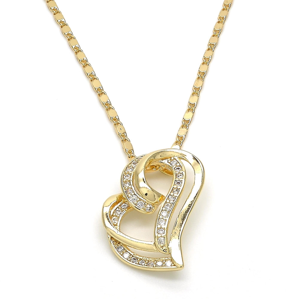 Oro Laminado Pendant Necklace, Gold Filled Style Heart Design, with White Micro Pave, Polished, Golden Finish