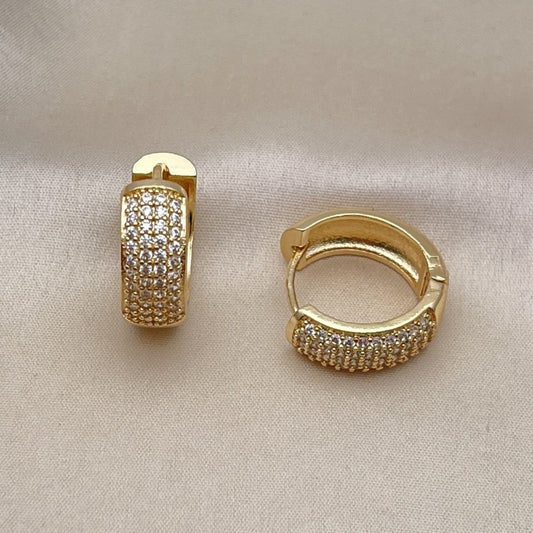 Oro Laminado Huggie Hoop, Gold Filled Style with White Micro Pave, Polished, Golden Finish
