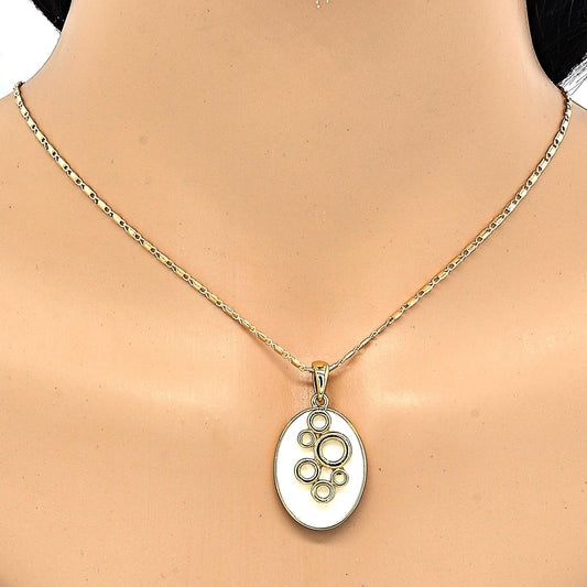 Oro Laminado Earring and Pendant Adult Set, Gold Filled Style White Enamel Finish, Golden Finish