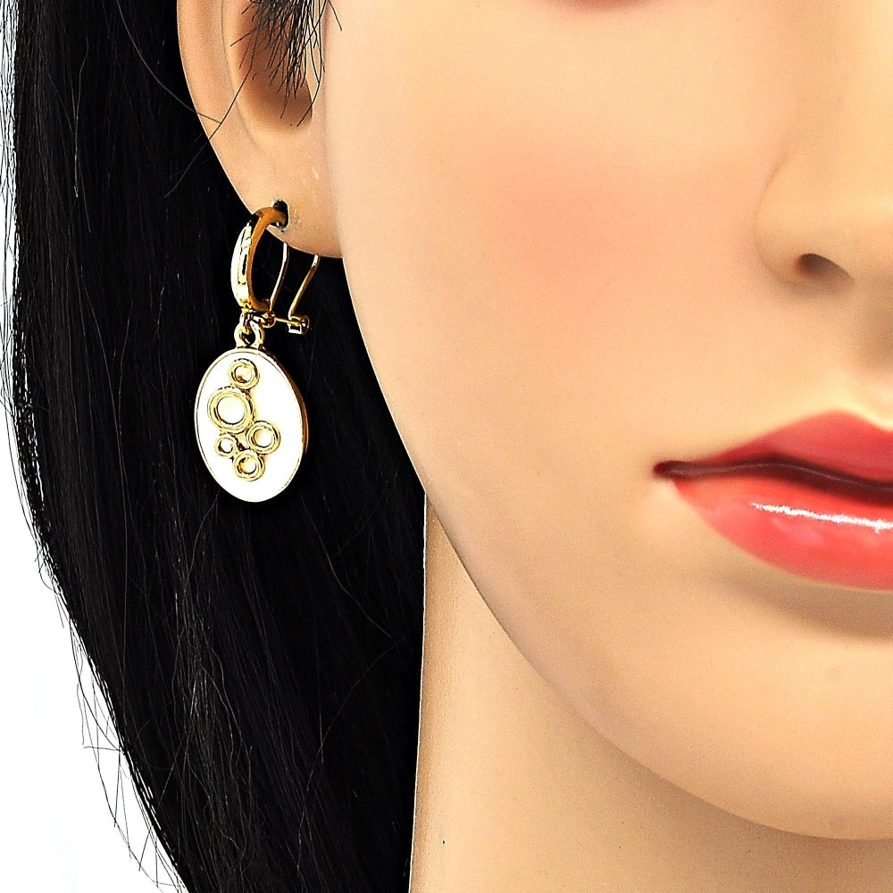 Oro Laminado Earring and Pendant Adult Set, Gold Filled Style White Enamel Finish, Golden Finish