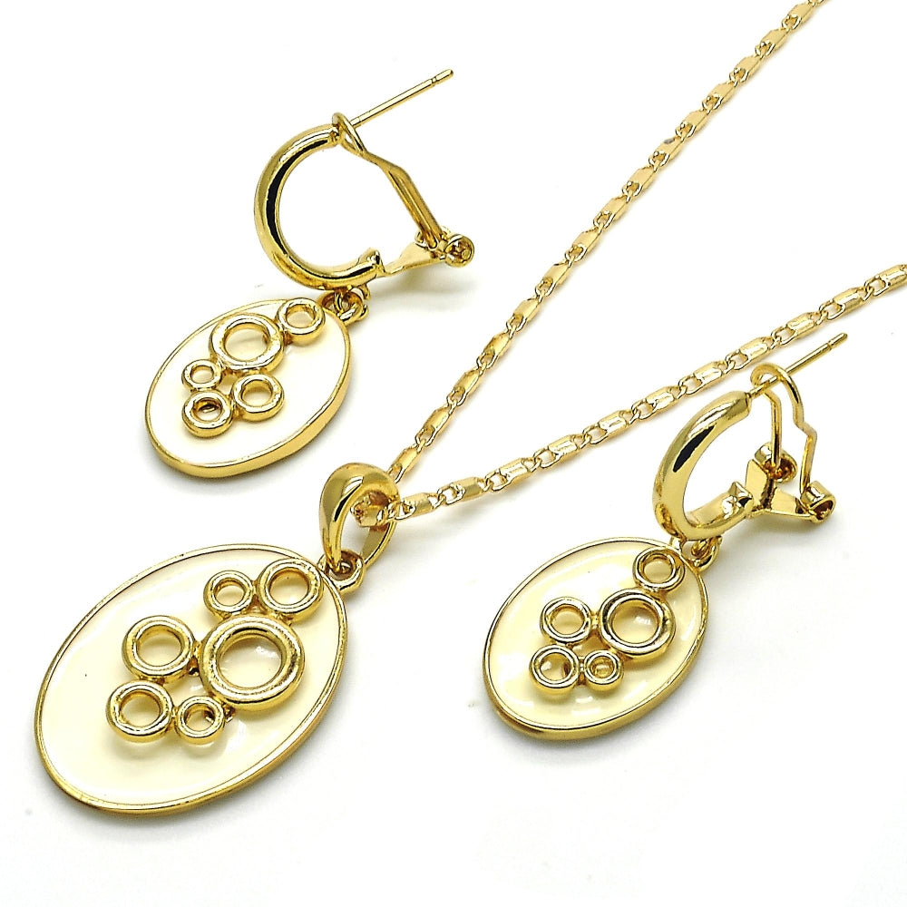 Oro Laminado Earring and Pendant Adult Set, Gold Filled Style White Enamel Finish, Golden Finish