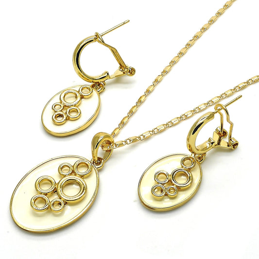 Oro Laminado Earring and Pendant Adult Set, Gold Filled Style White Enamel Finish, Golden Finish