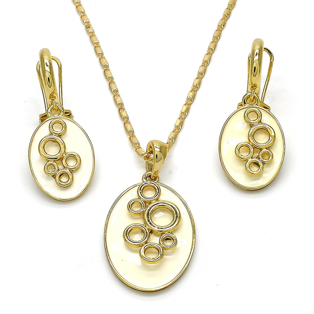 Oro Laminado Earring and Pendant Adult Set, Gold Filled Style White Enamel Finish, Golden Finish