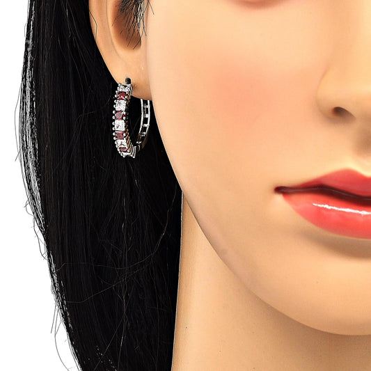 Rhodium Gold Filled Huggie Hoop, with Garnet and White Cubic Zirconia, Polished, Rhodium Finish