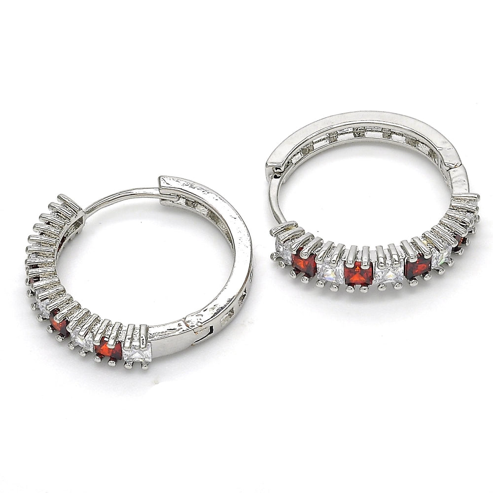 Rhodium Gold Filled Huggie Hoop, with Garnet and White Cubic Zirconia, Polished, Rhodium Finish
