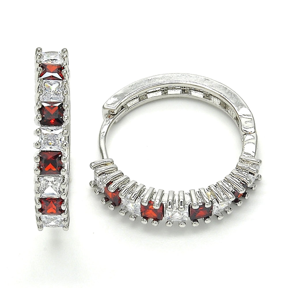 Rhodium Gold Filled Huggie Hoop, with Garnet and White Cubic Zirconia, Polished, Rhodium Finish