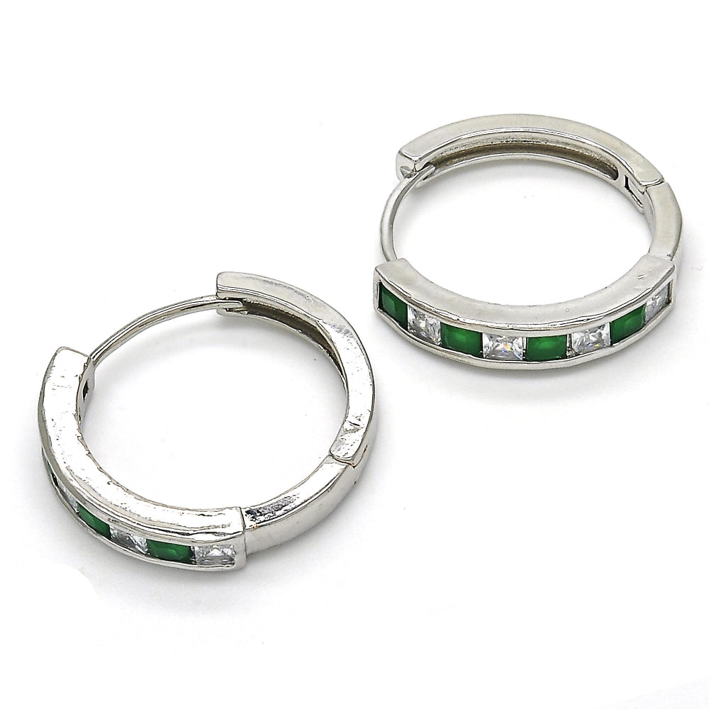 Rhodium Gold Filled Huggie Hoop, with Green and White Cubic Zirconia, Polished, Rhodium Finish
