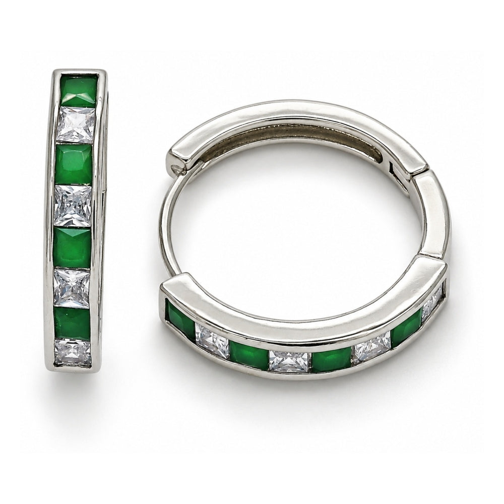 White Gold Filled Huggie Hoop, with Green and White Cubic Zirconia, Polished, Rhodium Finish