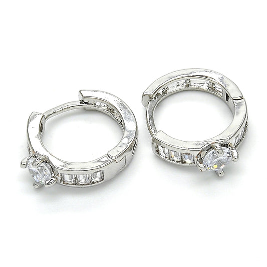 Rhodium Gold Filled Huggie Hoop, Baguette Design, with White Cubic Zirconia, Polished, Rhodium Finish