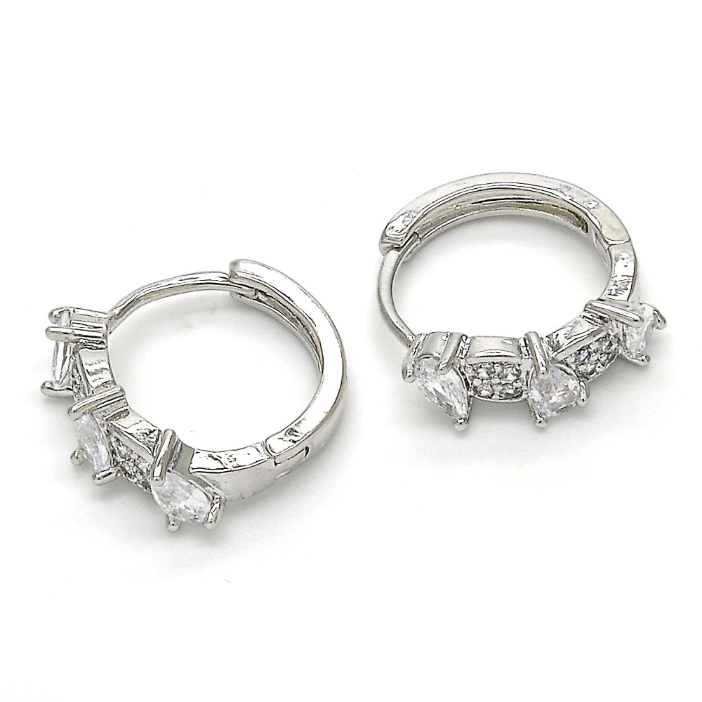 Rhodium Gold Filled Huggie Hoop, Teardrop Design, with White Cubic Zirconia, Polished, Rhodium Finish