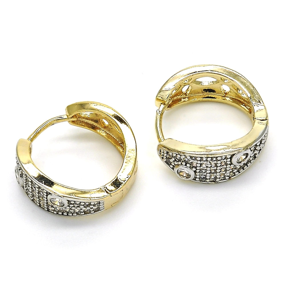 Oro Laminado Huggie Hoop, Gold Filled Style with White Cubic Zirconia, Polished, Two Tone