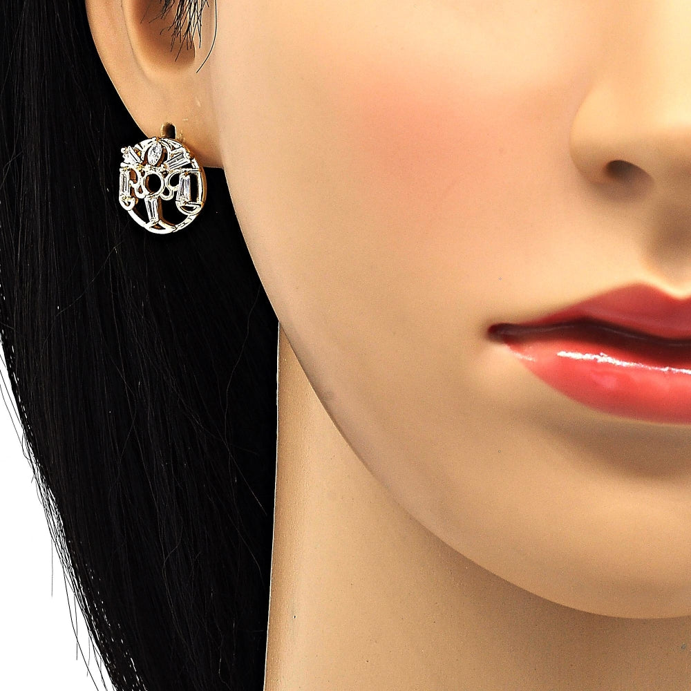 Oro Laminado Earring and Pendant Adult Set, Gold Filled Style Baguette Design, with White Cubic Zirconia, Polished, Golden Finish