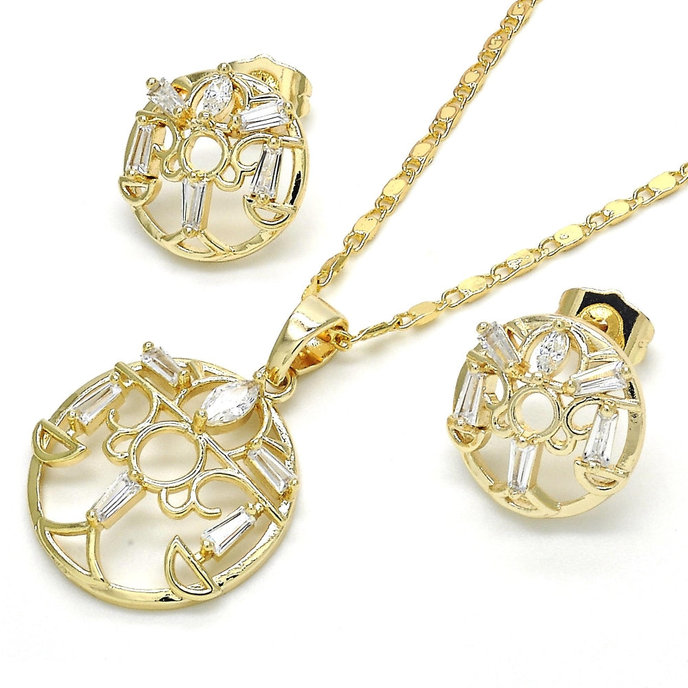 Oro Laminado Earring and Pendant Adult Set, Gold Filled Style Baguette Design, with White Cubic Zirconia, Polished, Golden Finish