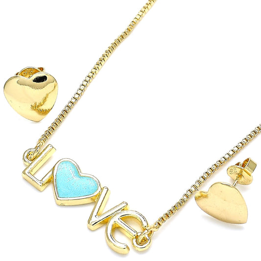 Oro Laminado Earring and Pendant Adult Set, Gold Filled Style Love and Heart Design, Turquoise Enamel Finish, Golden Finish