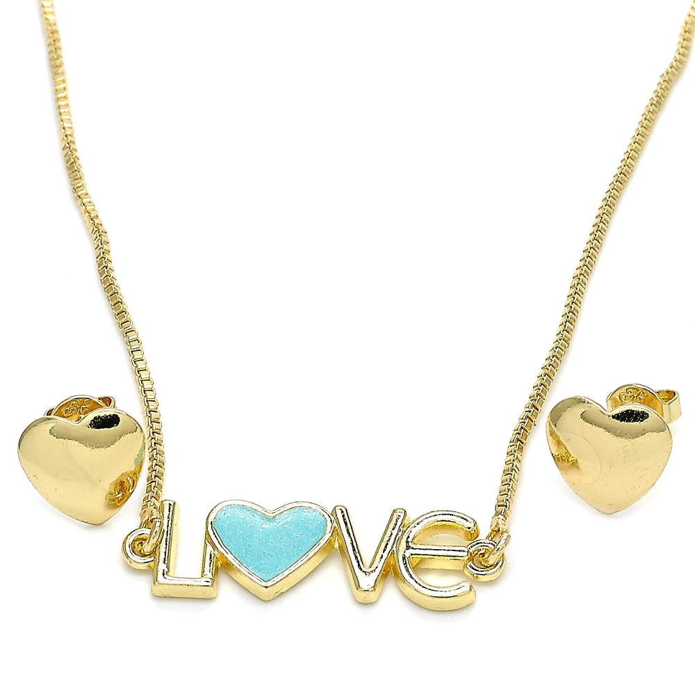 Oro Laminado Earring and Pendant Adult Set, Gold Filled Style Love and Heart Design, Turquoise Enamel Finish, Golden Finish