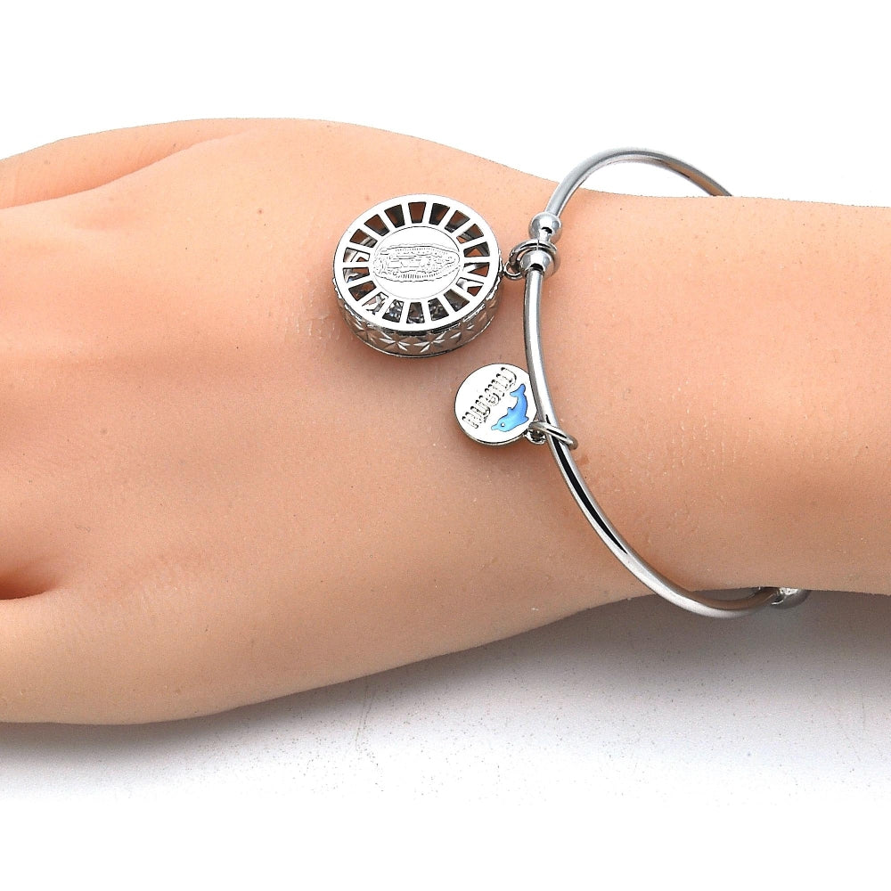 Rhodium Gold Filled Individual Bangle, Guadalupe and Dolphin Design, with White Cubic Zirconia, Diamond Cutting Finish, Rhodium Finish
