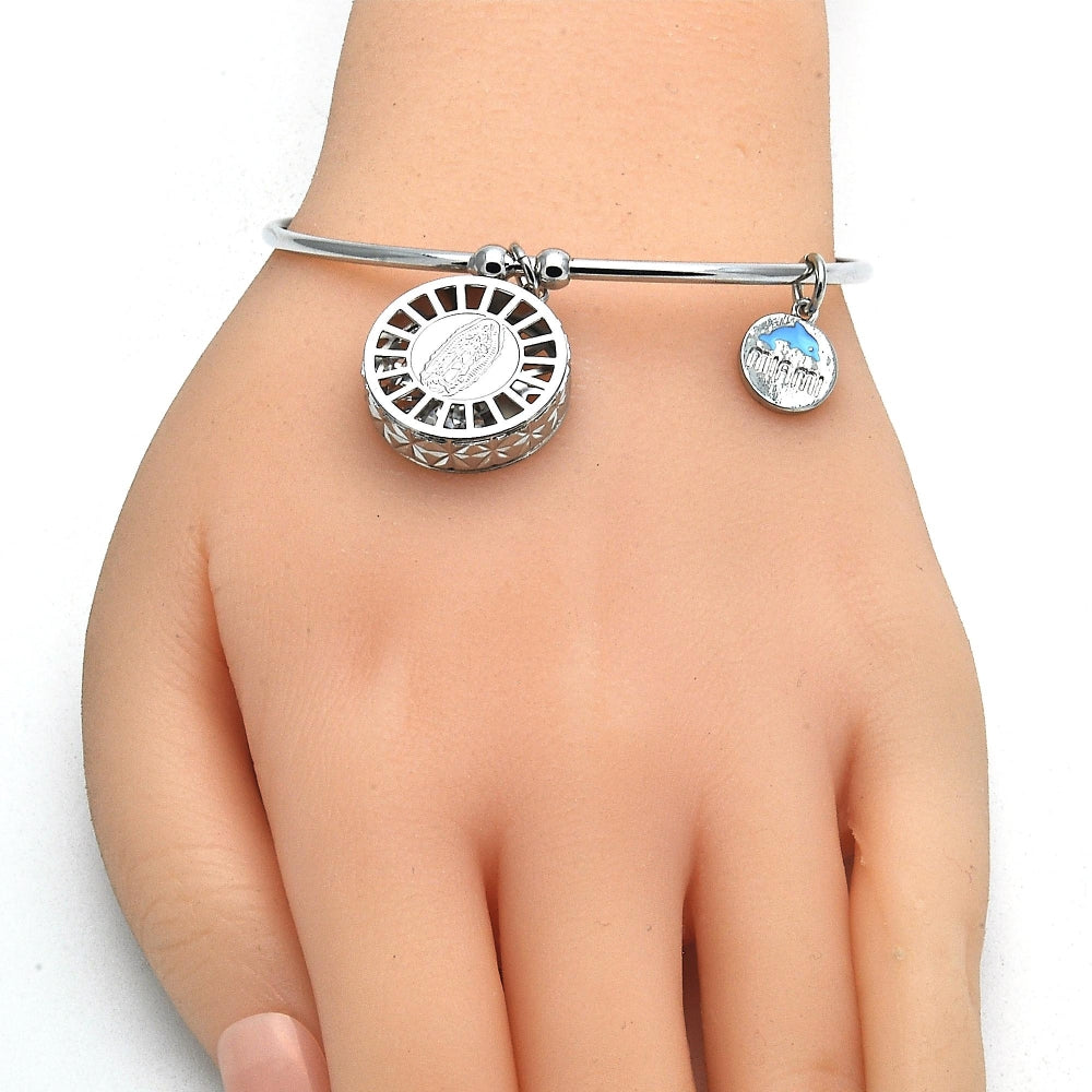 Rhodium Gold Filled Individual Bangle, Guadalupe and Dolphin Design, with White Cubic Zirconia, Diamond Cutting Finish, Rhodium Finish
